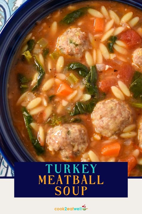 An image of the soup served in a blow bowl. Underneath the picture there is a dark blue graphic with the title in aqua and yellow letters. Breakfast Meatballs, Gf Soup, January Meals, Meatballs Soup, Mini Turkey Meatballs, Easy Turkey Meatballs, Turkey Meatball Soup, Turkey Vegetable Soup, Ground Turkey Soup