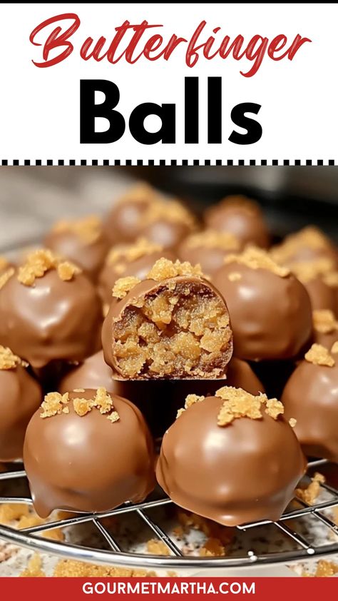 Love Butterfinger? These no-bake Butterfinger Balls are the perfect bite-sized treat, blending creamy peanut butter, crunchy Butterfinger pieces, and rich chocolate. Ideal for holidays, parties, or an anytime snack, these are simple to make and irresistible! Get the recipe and start cooking today #ButterfingerBalls #NoBakeTreat #EasyDesserts #HolidayBaking #PeanutButterLovers #ChocolateDesserts #SweetTreats #PartySnacks #YummyDesserts #SimpleRecipes Easy To Grab Desserts, Butterfinger Balls, Butterfinger Recipes, Finger Desserts, Butterfinger Candy, Peanut Butter Candy, Butter Balls, Dessert Bites, Candy Recipes Homemade