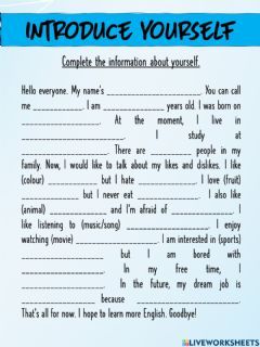 Introduce yoursekf Language: English Grade/level: low proficiency School subject: English as a Second Language (ESL) Main content: Introducing yourself Other contents: Introduce Yourself In School, How To Introduce Yourself In School, Introduction Of Myself For School, Introduce Myself Ideas Student, Introduce Yourself Ideas School, Introduce Myself Ideas, Introduce Yourself Ideas, Introducing Myself Ideas, Teacher Observation Form