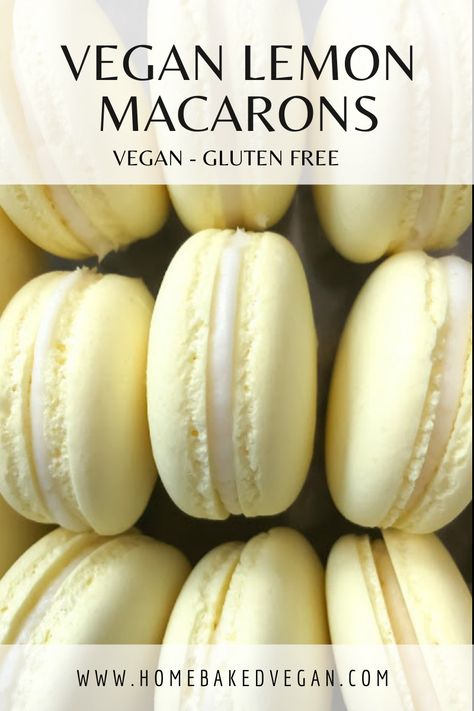 Vegan Macarons made with aquafaba; lemon flavored macaron shells filled with vegan lemon frosting Vegan Macaroons, Lemon Macaroons, Lemon Vegan, Vegan Bites, Vegan Pies, Aquafaba Recipes, Vegan Macarons, Vegan Meringue, Baking Vegan