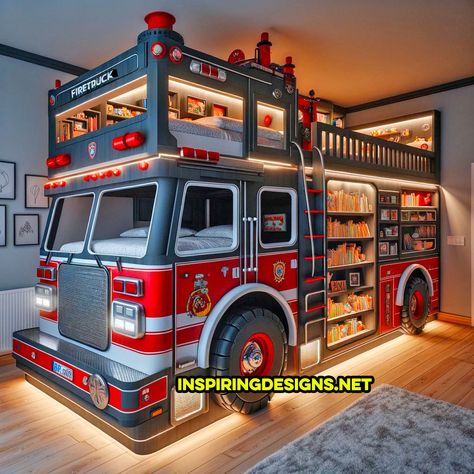 Jeep Bunk Bed, Fire Truck Bunk Bed, Bunk Beds Kids Room, Kids Car Room Ideas, Bedroom With Bunk Bed Ideas, Fire Truck Room Ideas Little Boys, Firefighter Bedroom Ideas Kids, Hot Wheels Bedroom Ideas, Car Bunk Bed