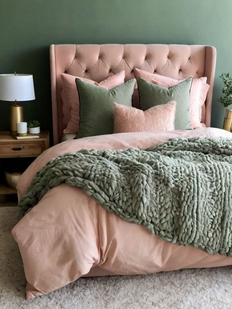 Budget-Friendly Sage Green and Blush Bedroom Ideas: You’ll Love - Homezillo Rose Pink And Green Bedroom, Sage Green Gold Bedroom, Dark Green And Pink Bedroom, Green And Pink Bedding, Green And Blush Bedroom, Sage Green And Blush Bedroom, Bedroom New York, Blush Bedroom Ideas, Blush Bedroom Decor