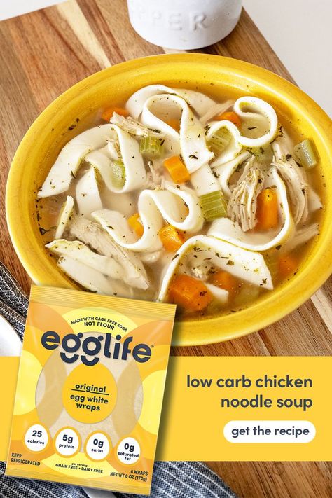 Use egglife egg white wraps as an easy, zero carb noodle in your favorite soups this season! This homemade chicken noodle soup is both hearty and healthy; packed with protein and whole ingredients – be sure to have your spoon ready! Egg Life Egg White Wrap Recipes, Keto Egglife Noodles, Egg Life Noodles, Recipes Using Egg White Wraps, Keto Recipes Using Egglife Wraps, Keto Egglife Wrap Recipes, Egg Life Wraps As Noodles, Recipes Using Egg Life Wraps, Recipes With Egg Life Wraps