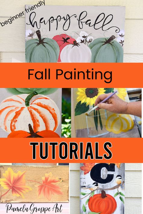 Fall painting tutorials, step by step instructions with video and printable patterns. Have fun painting your Fall / Autumn decor. Easy enough for beginners and fun for everyone, including the kids. Enjoy painting along or hold a paint party, even if it must be virtual! Diy Fall Paintings, Pumpkin Canvas Painting, Fall Canvas Painting, Acrylic Painting Ideas, Minimal Painting, Fall Canvas, Canvas Painting Tutorials, Acrylic Painting For Beginners, Halloween Painting