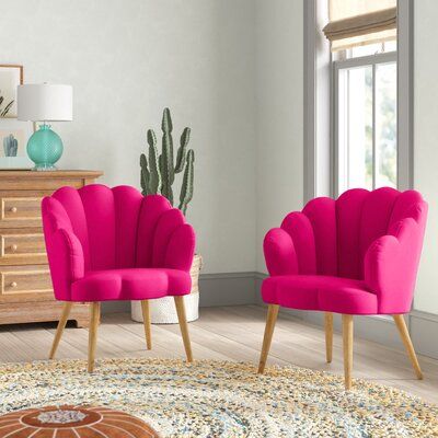 This set of 2 barrel chairs ties your living room or dining room together with glam style. Crafted from solid and engineered wood, these chairs feature foam filling over polyester velvet upholstery. They feature curved backs with vertical channel tufting and scalloped edges founded on tapered wood legs. We love how these chairs have narrow 26.4'' footprints, so they're a great fit framing your living room or tucking under your dining table. Best of all, they're easy to spot-clean if you have any Velvet Barrel Chair, Conversation Area, College House, Chair Ties, Anthropologie Style, Chair Wood, Inspire Me Home Decor, Preppy Room, San Blas