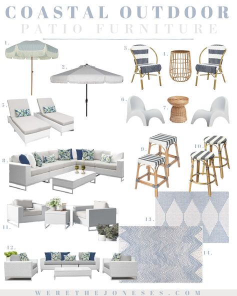 Favorite outdoor patio furniture in classic modern blue and white color options. The coastal blue and white color combo is sure to freshen up your backyard for summer! White Metal Patio Furniture, Blue And White Outdoor Patio, Modern Coastal Patio, Blue And White Patio, Blue Patio Decor, Patio Color Schemes, Hamptons Patio, White Outdoor Patio, Blue Patio Furniture