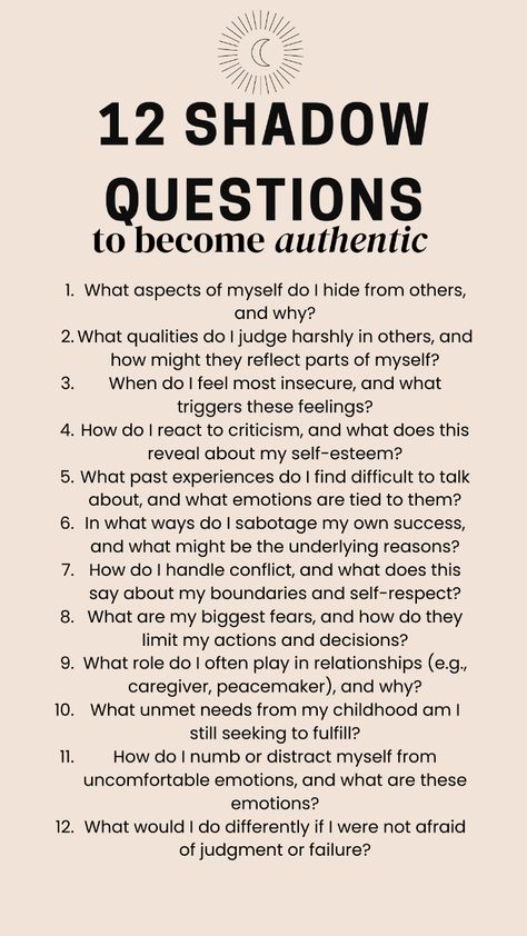 Self-acceptance is crucial for a joyful and balanced life. 🌟🌸 These shadow questions will help you explore and accept the deeper aspects of yourself. 🌿 By engaging in shadow work, you can uncover hidden fears and insecurities, transforming them into sources of strength and self-love. 🌼 Embrace the journey of understanding your shadows, and let these questions guide you towards greater self-awareness and acceptance. 💖✨ As you integrate these parts of yourself, you'll find more peace and authenticity in your daily life. 🌟💫 Journal Prompts Self Awareness, Finding Your Strengths, Questions For Self Love, Therapy Questions Conversation Starters, Best Self Journal Prompts, Questions For Reflection, Questions To Help Find Yourself, Life Vision Questions, Find Your Authentic Self