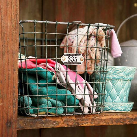 Locker Baskets, Cottage Storage, Glove Storage, Shed Windows, Vintage Lockers, Ribbon Organization, Garden Gloves, Shed Organization, Garden Basket