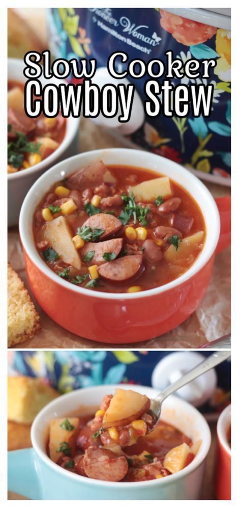 Beef Kielbasa, Kielbasa Potatoes, Quick Crockpot Meals, Corn And Beans, Slow Cooker Stew Recipes, Cowboy Stew, Kielbasa And Potatoes, Sausage Stew, With Cornbread