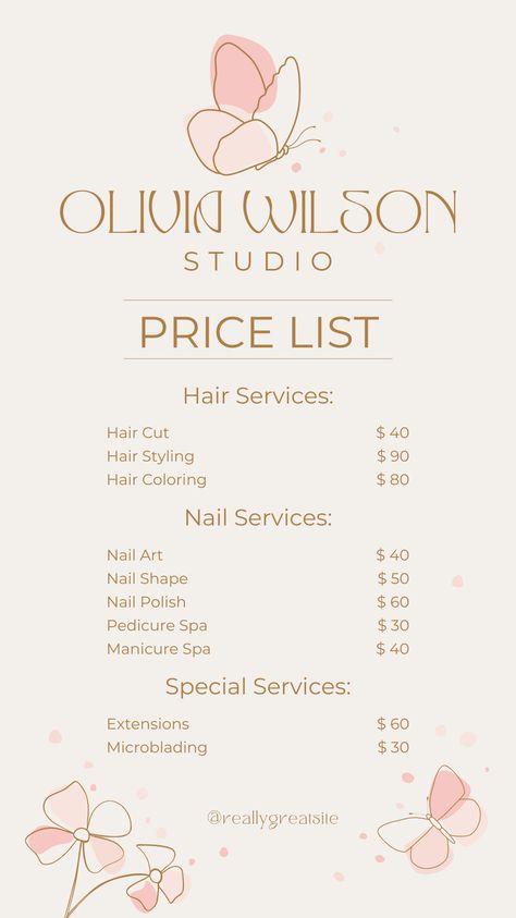 See more templates in my Canva portfolio 👉 https://www.canva.com/p/olegnik/ ⭐️ This design meets the following characteristics: price price list salon beauty service studio elegant hair nail butterfly Sketch Butterfly, Canva Portfolio, Nail Butterfly, Beauty Salon Price List, Elegant Illustration, Salon Price List, Nail Prices, Price List Template, Nail Services