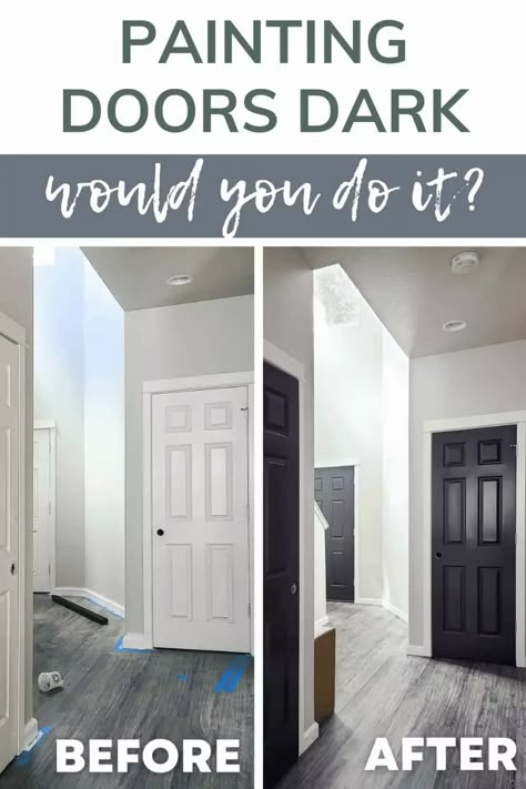 Painting Black Doors Interior, Interior Doors White With Black Hardware, Black Hallway Doors White Trim, Black Interior Doors Black Hardware, Painted Vs Stained Interior Doors, Painting Inside Doors Black, Paint Indoor Doors Black, Painting Indoor Doors Black, Black Painted Interior Doors White Trim