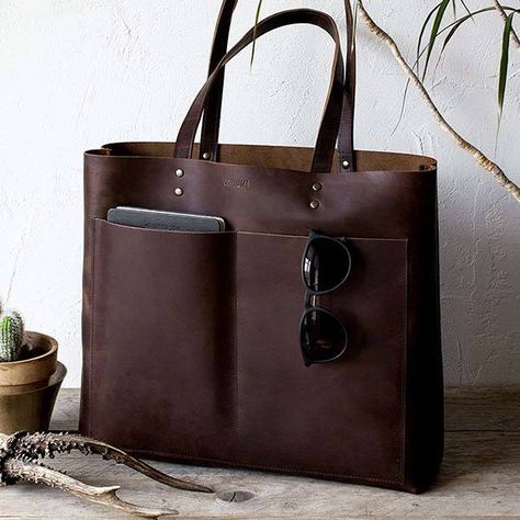 The Handmade Leather Tote Holds Your Everyday Items in Style Handmade Leather Tote, Cowhide Bag, Oversized Bag, Brown Leather Totes, Leather Projects, Leather Gifts, Black Leather Bags, Leather Bags Handmade, Genuine Leather Bags