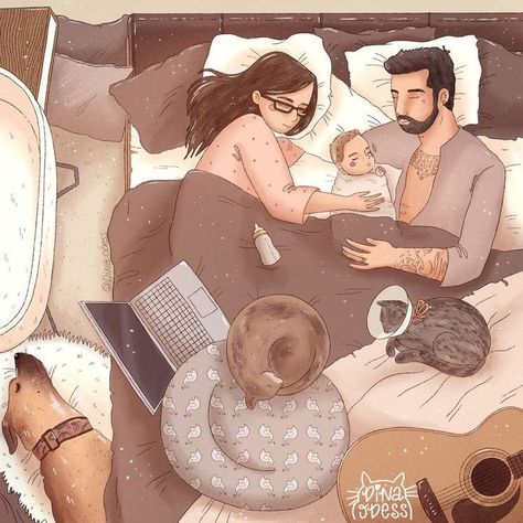 Love Cartoon Couple, Cute Couple Comics, Mother Art, Cute Couple Drawings, Mom Art, Couple Illustration, Family Illustration, Afternoon Nap, Love Illustration