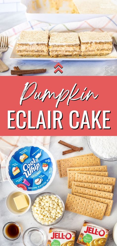 Pumpkin Eclair Cake, No Bake Caramel Apple Eclair Cake, Pumpkin Eclair Dessert, Eclair Dessert No Bake, Chocolate Eclair Cake Cooks Country, No-bake Lemon Eclair Cake Recipe, Eclairs Dessert, Fall Dessert Recipes Easy, Eclair Cake