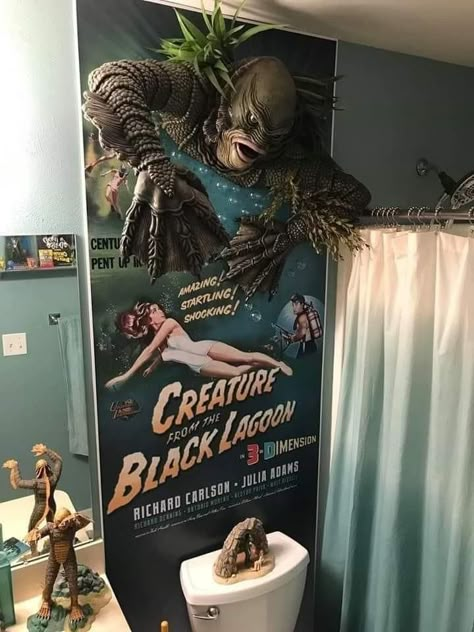 Lagoon Bathroom, Horror Room, Monster Decorations, Creature From The Black Lagoon, 3d Poster, The Black Lagoon, Spooky Home, Horror Decor, Goth Home Decor