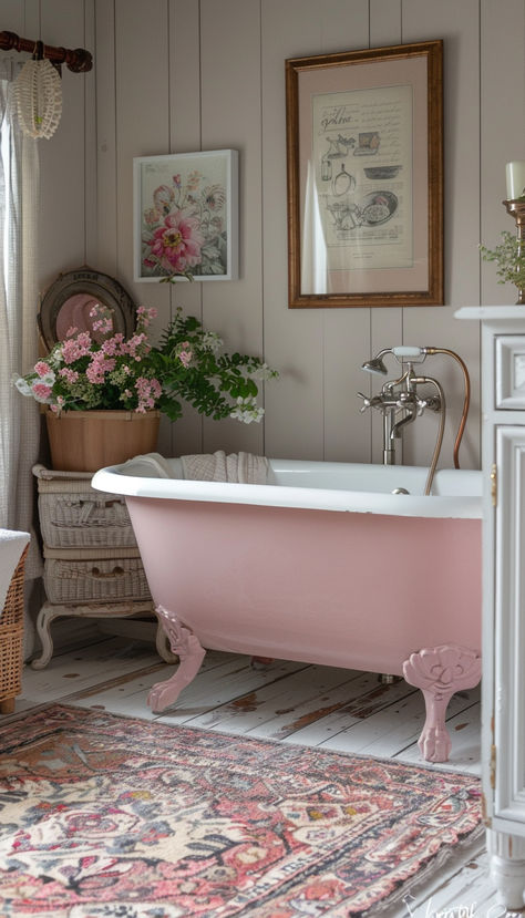 Cottagecore pink claw foot tub sweet country bathroom Claw Tub With Shower Curtain, Cottagecore Bathtub, Clawfoot Tub Colors, Clawfoot Tub Storage Solutions, Pink Bathtub Bathroom, Pink Cottagecore Bathroom, Pink Cottage Bathroom, Clawfoot Tub Paint Ideas, Pink Country Aesthetic