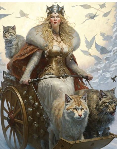 Bygul and Trjegul are the mythical cats that accompany the Goddess Freya. These cats large male gray or blue cats are known for their loyalty and their ability to pull Freyja’s chariot across the sky. Freyja Goddess, Norse Pantheon, Goddess Freya, Freya Goddess, Norse Gods, Norse Goddess, Norse Myth, Norse Pagan, Viking Culture