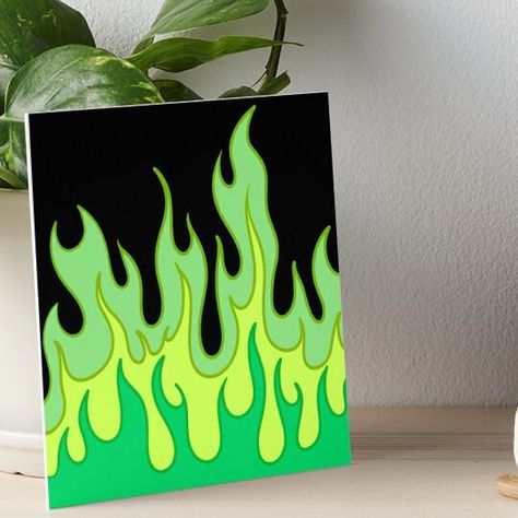 Professionally printed on firm, textured mat boards perfect for desks and shelves. Supplied with 3M velcro dots to easily affix to walls. Available in standard sizes. Stylish green flames to warm you up and bring the coolness! Simple Funky Art, Flame Drawing, Flames Art, Green Sketch, Neon Art Painting, Flame Painting, Green Flames, Pink Canvas Art, Art For Wall