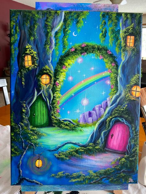 Imagination Painting Ideas, In Love Painting Ideas, Fantasy Art Ideas, Mythical Paintings, Whimsical Paintings Acrylic, Cool Painting Ideas On Canvas Creative, Magical Paintings Easy, Fantasy Painting Ideas Easy, Whimsical Acrylic Paintings