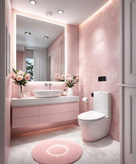 Pink Studio Apartment Ideas, Pink Bathroom Inspiration, Sister Bathroom Ideas, Blush Pink Bathroom Ideas, Pink Restroom, Beauty Center Design, Pink Tile Bathroom Ideas, Pink Bathroom Aesthetic, Wallpaper Decor Ideas