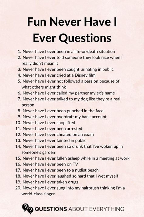 list of 20 never have I ever questions Never Have J Ever Questions, Questions For Sleepovers Juicy, Never Have I Ever Questions Embarrassing, Never Have I Ever Funny Questions, Never Have A Ever Questions, Never Have I Ever Extreme Questions, Truth And Dare Questions Friends Spicy, Never Have I Ever Ideas Juicy, Questions For Never Have I Ever Game