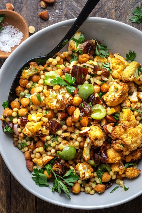 Roasted Cauliflower & Fregola Salad - Wandering Chickpea Chicory Salad Recipes, Roast Chickpea Salad, Marinated Chickpea Salad, Roast Veg Salad, Rainbow Cauliflower Recipe, Salad Buffet Ideas, Plant Based Pasta Salad, Fregola Salad, Clean Eating Recipes Vegetarian