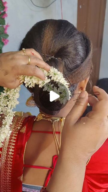 Bun Hairstyle With Flower, Bridal Hair Buns With Flowers, Hairstyles For Function, Function Hairstyles, Flower Bun Hairstyle, Reception Hairstyles, Flower Bun, Bun Styles, Hairstyles Ideas