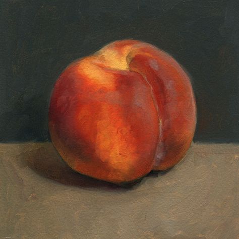 Peach, 4" x 4", oils on paper. Buy at ckornacki.etsy.com.  In 2015, I started a weekly food painting initiative. Every Monday, I create a small, 4" oil paintings from life.  I have an hour time limit and I can only use big brushes. This exercise has allowed me to experiment and play with oil paints in ways that I normally can't. Follow me every Monday to see what I paint next! Oil Painting Videos, Fruit Art Drawings, Tiffany Glass Art, Oil Painting Tutorial, Still Life Fruit, Oil Painting Techniques, Food Painting, Fruit Painting, Oil Painting Portrait