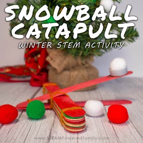 This winter enjoy a fun STEM twist on your favorite snowball fights, by making a Snowball Catapult. This is perfect for indoor Winter STEM! Stem Night Activities, Winter Stem Activities For Kids, Simple Stem Projects, December Stem, Winter Stem Challenges, Kids Science Experiments, Stem Winter, Winter Party Games, Winter Stem Activities