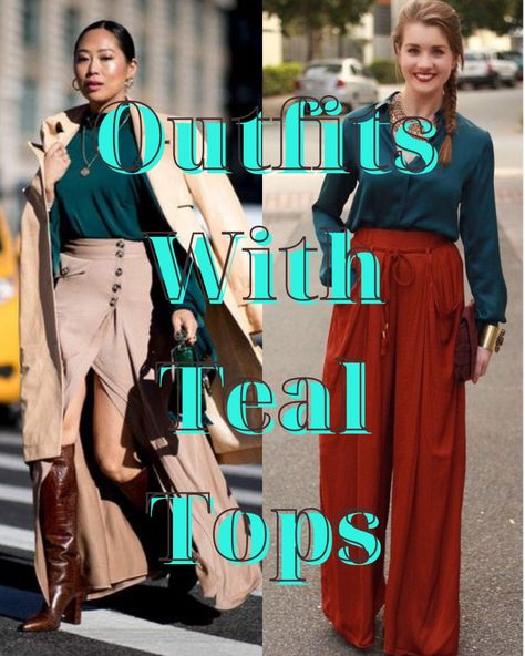 Teal Shirt Outfits Fall, Teal Button Up Shirt Outfit, Teal T Shirt Outfits, Teal Green Outfits For Women, Teal Top Outfit Work, Teal Green Color Combination Outfit, Teal Blue Top Outfit, Teal Blue Pants Outfit, Teal Sweater Outfit Winter