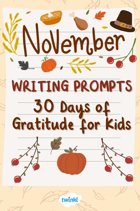 veryone can use a gratitude reset! With Thanksgiving approaching, November is a perfect time to teach children about how and why to be thankful. Through 30 days of gratitude writing prompts, your students will explore how they can be thankful for things in each aspect of their lives. November Daily Gratitude, Thankful November Challenge Kids, Grateful Kids Activities, How To Be Thankful, November Writing Prompts For Kids, Gratitude Journal Prompts For Kids, Thankful Lessons For Kids, November Thankful Challenge For Kids, Gratitude Prompts For Kids