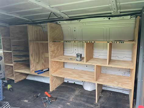 Van Shelf Ideas, Work Van Storage, Work Van Storage Ideas, Van Shelf, Van Shelves, Trailer Workshop, Trailer Shelving, Van Shelving, Raised Floor