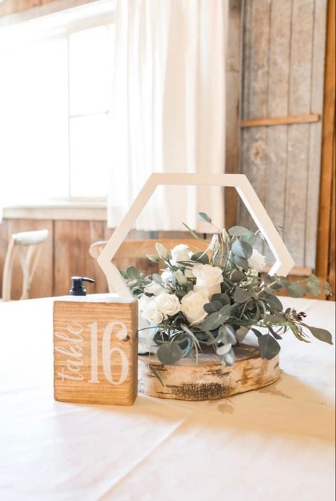 Christmas Wedding Themes, Rustic Table Numbers, Hexagon Wedding, Green Centerpieces, March Wedding, Wedding Crafts Diy, May Weddings, Wedding Prep, Wedding Rentals