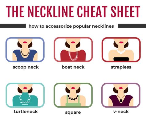 The Neckline Cheat Sheet - how to accessorise popular necklines.  Inspiration for necklaces for all types of wedding dress necklines for your wedding day.  #Bridaltastic #WeddingDressNecklines #WeddingNecklaces #WeddingInspiration Dress Necklines, Necklace For Neckline, Wedding Dress Types, Boat Neck Dress, Necklines For Dresses, Cheat Sheet, Boat Neckline, Cheat Sheets, Wedding Necklace