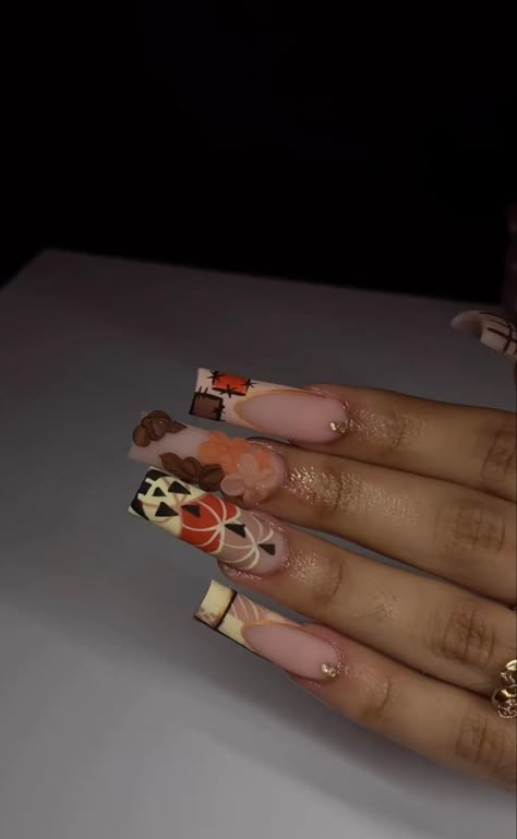 By @glambylez Red Pumpkin Nails, Fall Multicolor Nails Acrylic, Fall Acrylic Nails Black Women, Fall Nails Pumpkins, Short Cute Fall Nails, Fall Theme Nails Acrylic, Fall Nail Inspo 2024 Almond, Pumpkin Patch Nails, Fall Themed Nails Acrylic