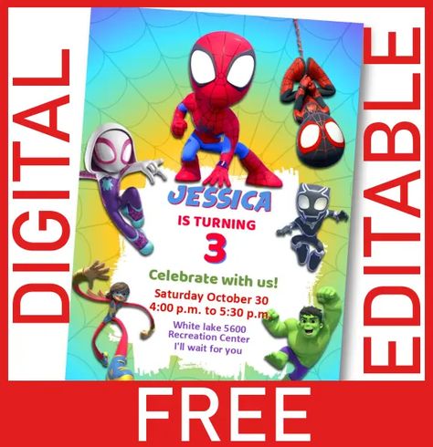 FREE Digital Card Invitation Spidey and his Amazing Friends Birthday Theme Birthday Friends Birthday Template, Friends Birthday Theme, Spiderman Birthday Party Invitations, Friends Pool Party, Friends Birthday Invitation, Spiderman Birthday Party Decorations, Spiderman Birthday Invitations, Free Invitation Cards, 5th Birthday Boys