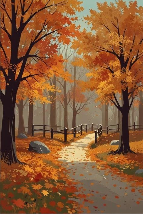 Autumn Background Drawing, Autumn Aesthetic Illustration, Autumn Drawings Aesthetic, Autumn Landscape Illustration, Autumn Aesthetic Drawing, Fall Season Pictures, Autumn Pics, Autumn Wallpapers, Fall Drawings