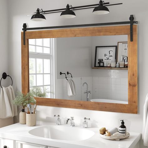 PRICES MAY VARY. NATURAL SOLID WOOD FRAME: Farmhouse bathroom mirror frame is made of natural fir wood, thick and sturdy solid wood structure ensures its durability and not easy to crack. The surface of the metal bracket is treated with electrophoresis, which improves rust resistance and prolongs service life. HD EXPLOSION-PROOF MIRROR: Farmhouse wall mirror has built-in 4mm electronic display and float glass with explosion-proof film on the surface, the overall mirror characteristics of more th Bathroom Vanity With Large Mirror, Light For Bathroom Mirror, Oversized Mirror Bathroom, Barndoor Mirrors, Towel Wall Bathroom, Light Over Mirror Bathroom, Black And White And Wood Bathroom, Farm Style Bathroom, Wood Framed Bathroom Mirror