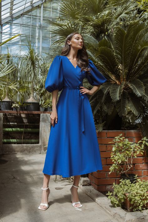 Blue Modest Dress, Flowy Dress Outfit, Flowy Outfit, Blue Flowy Dress, Slavic Style, Blue Frock, Satin Skirt Outfit, Romantic Blue, Blue Wrap Dress