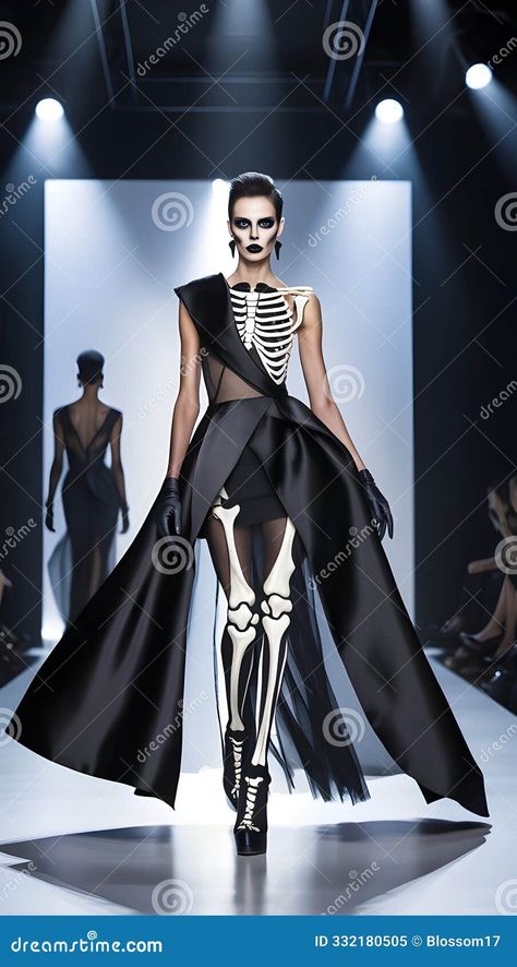 AI generated - A striking model in a black satin dress with bone-like structures, highlighted by cool-toned spotlights on a minimalistic dark runway Mid Century Modern Halloween, Skeleton Clothes, Halloween Logo, Halloween Party Flyer, Dress Illustration, Modern Halloween, Catwalk Fashion, Gold Face, Female Style