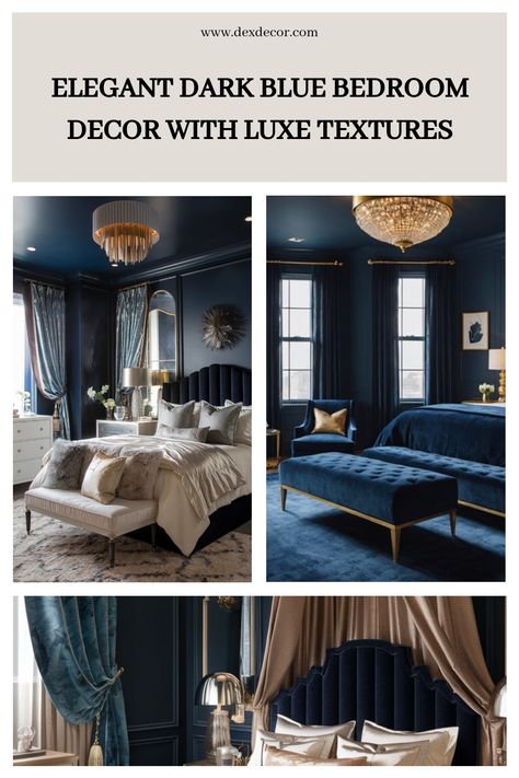 Elegant dark blue bedroom decor with luxurious textures, featuring a velvet couch and chandelier. Navy Bedroom Vanity, Blue Velvet Headboard Bedroom Ideas, Sapphire Blue Bedroom, Dark Blue Moody Bedroom, Dark Blue Aesthetic Bedroom, Dark Blue And White Bedroom, Dark Blue Bedroom Decor, Dark Blue Bedroom Aesthetic, Dark Blue Palette