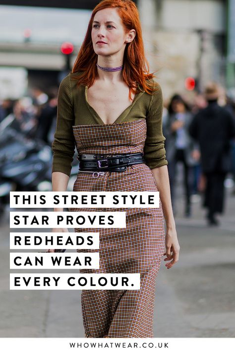 Proof that red heads really can wear every colour. Red Head Clothes, Red Head Fall Outfit, Redhead Colours To Wear, Redhead Street Style, Clothes That Go With Red Hair, Red Hair Street Style, Red Head Colors To Wear, Best Colours For Redheads To Wear, Red Head Fashion Outfits