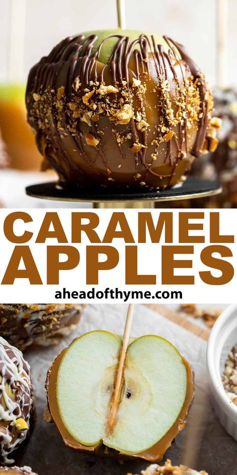 Homemade Caramel Apples are sweet, delicious, and fun to make. Chewy caramel made from scratch covers crisp, juicy apples and can be topped with a limitless selection of optional toppings to make this fall dessert irresistible. Making caramel apples at home is easier than you think with a handful of everyday ingredients and one hour of time. It is fun to make alone or with a group and a perfect party treat for holidays (Halloween!). | aheadofthyme.com #caramelapples #candyapple via @aheadofthyme How To Make Caramel Apples, Caramel For Apples, Caramel Apple Recipes, Caramel Apple Recipe, Homemade Caramel Apples, Chicken Tortillas, Making Caramel, Caramel Apples Homemade, Caramel Apples Recipe