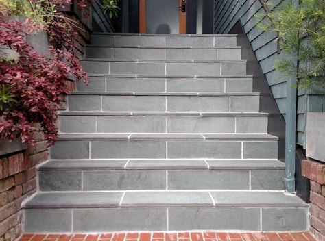 Slate Stairs, Slate Front Steps, Slate Stairs Outdoor, Cladding Concrete Steps, Natural Stone Stairs Outdoor, Bluestone Stairs Front Steps, Slate Wall, Front Steps, Before After Photo