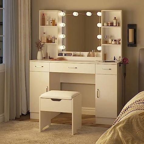 Makeup Vanity Table with Lighted Mirror & Power Strip, Large Vanity Set Vanity Desk with Lots Storage, 3 Lighting Modes, Brightness Adjustable, 45.2in(L) Glass Top Vanity, White Vanity Set, White Vanity Desk, Girls Vanity, Makeup Vanity Desk, Desain Pantry, Mirrored Vanity Desk, Makeup Desk, Vanity Benches