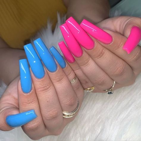 Neon Pink And Blue Nails, Blue Nails Long, Pink And Blue Nails, Pink Blue Nails, Two Color Nails, Nail Artwork, Gold Acrylic Nails, Tapered Square Nails, Mail Ideas