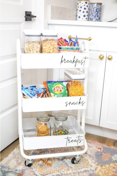 See how organization can save you money this year! See my blog for details! This project was made in partnership with JOANN #​handmadewithJOANN #JOANNpartner Snack Cart Organization, Breakfast Cart Ideas, Work Snack Bar, Snack Corner Ideas, Diy Snack Cart, Snack Cart Ideas For Work, Office Snack Bar, Snack Cart Ideas, Staff Lounge Ideas