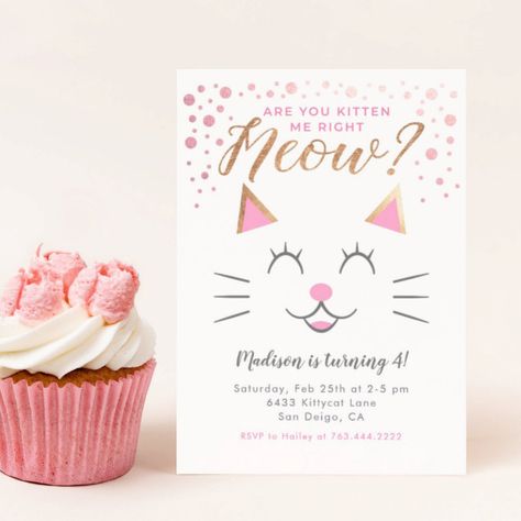 Kitty Cat Pink Gold Birthday Party Invitation - Kids Birthday Kitty Themed Birthday Party, 7th Birthday Theme, Cat Adoption Party, Pink Gold Birthday Party, Cat Party Decorations, Pink And Gold Invitations, Pink And Gold Birthday Party, Pink Gold Birthday, Cat Themed Birthday Party