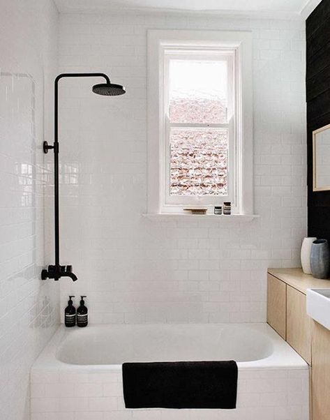 Black is a bold color, and used with restrain and strategy in mind, it can turn a sterile white room into a room with a hint of luxe. Tiny House Hacks, Small Bathroom Inspiration, Bad Inspiration, Swedish Style, 아파트 인테리어, Tiny Bathroom, Minimalist Bathroom, Bathroom Renos, Laundry In Bathroom