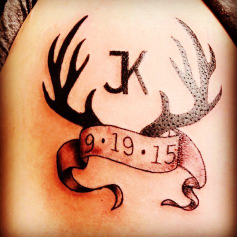 Antler wedding date tattoo Antler Rose Tattoo, Couples Deer Tattoos, Wedding Date Tattoo, Deer Antler Tattoos, Wedding Date Tattoos, Antler Tattoos, Moose Tattoo, Date Tattoo, Hunting Tattoos